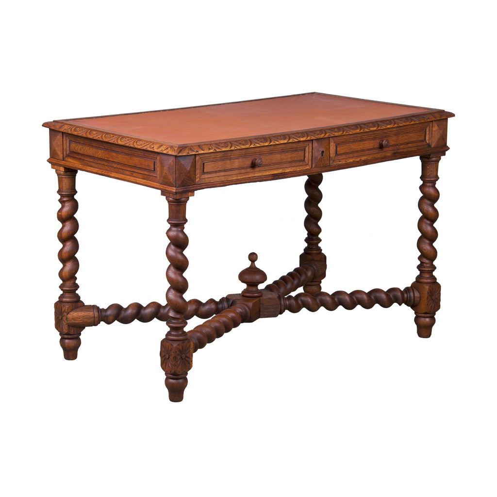 Antique French Louis XIII Style Barley Twist Oak Writing Desk W/ Leather Top