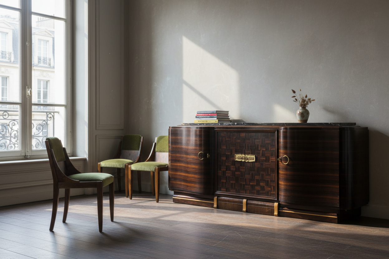 French Art Deco sideboard and dining chairs, Paris 1930s