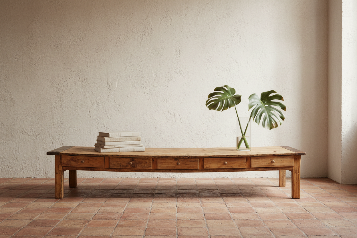 Antique French low coffee table on terracotta floor with plaster wall backdrop