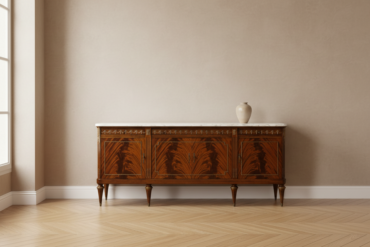 French antique Louis XVI sideboard with marble top and flame mahogany veneer