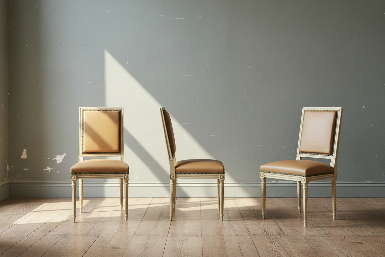 three painted French Louis XVI dining chairs with newly upholstered in caramel Kravet couture leather