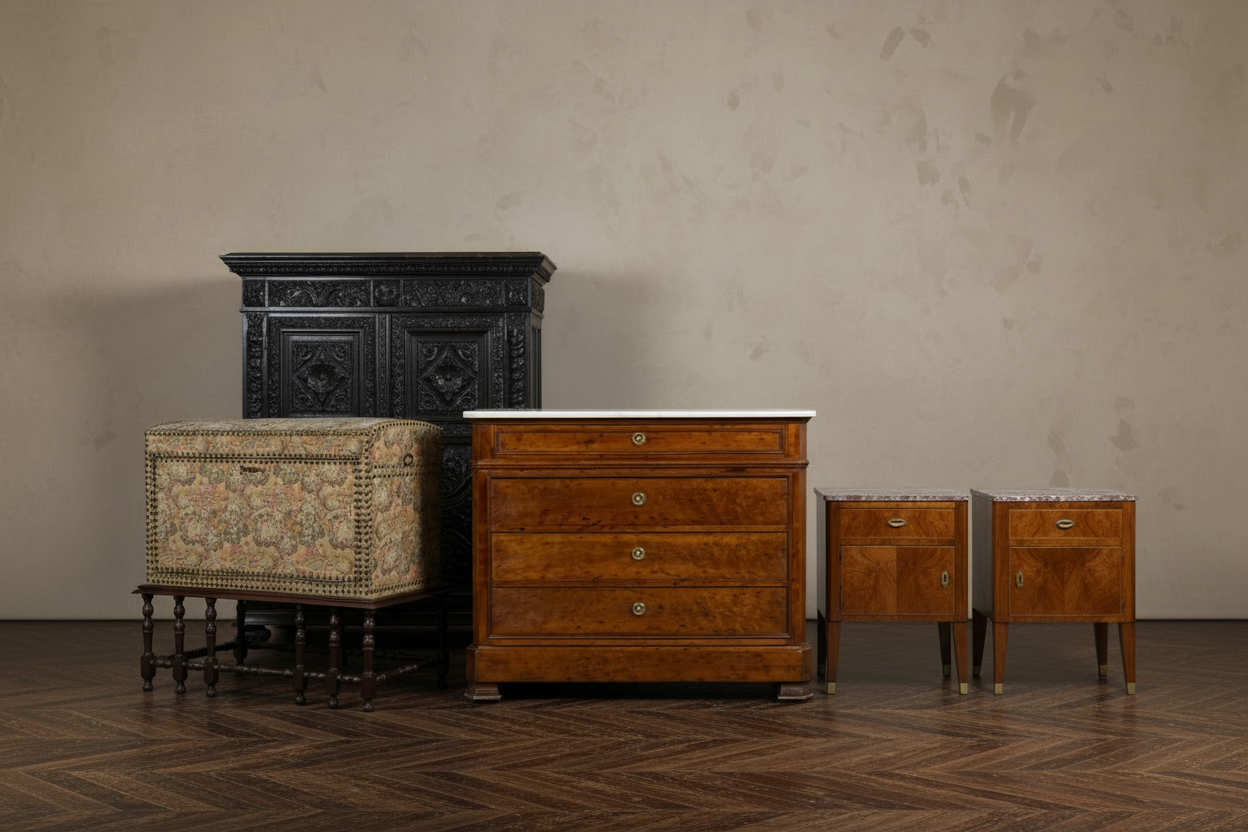 Curated collection of French antique storage furniture including commode, carved cabinet, tapestry chest and Art Deco nightstands