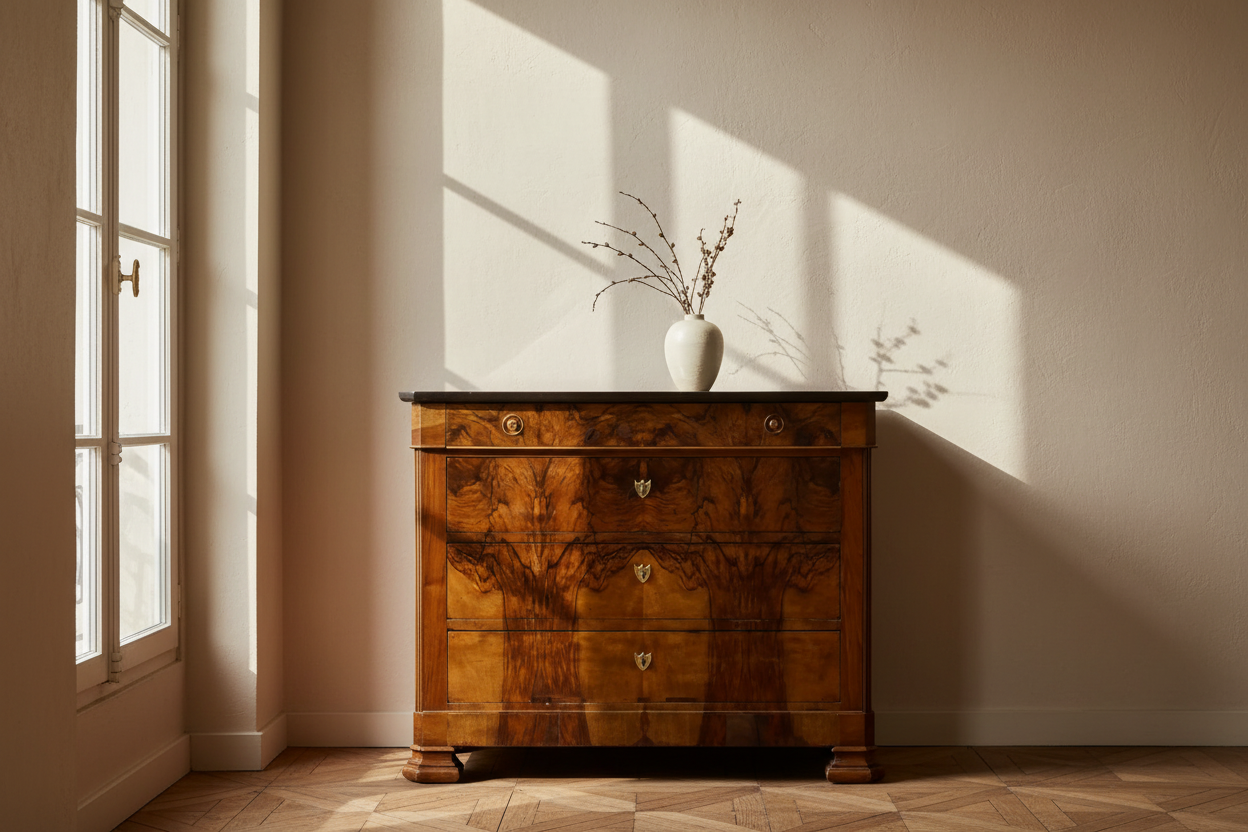 French antique chest of drawers in burl walnut with marble top and brass pulls