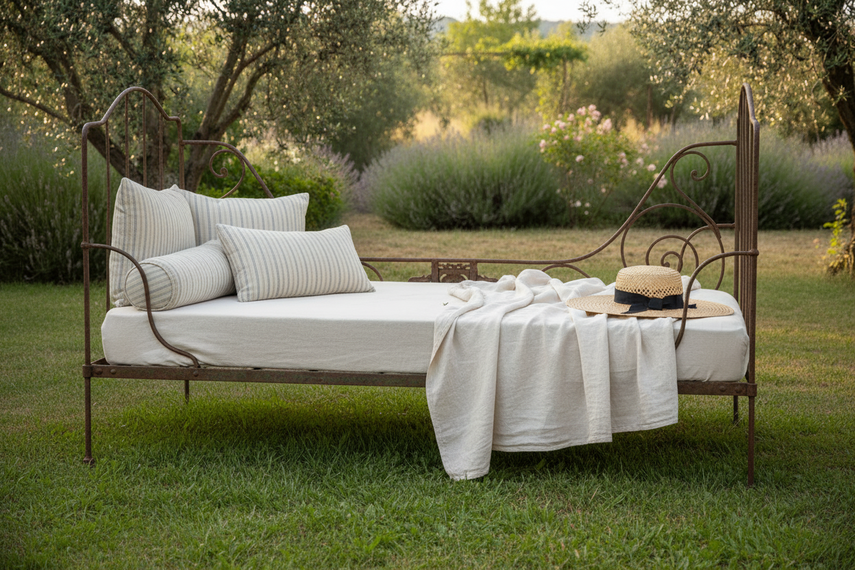 Antique French wrought iron garden daybed with linen bedding placed on grass in a garden setting