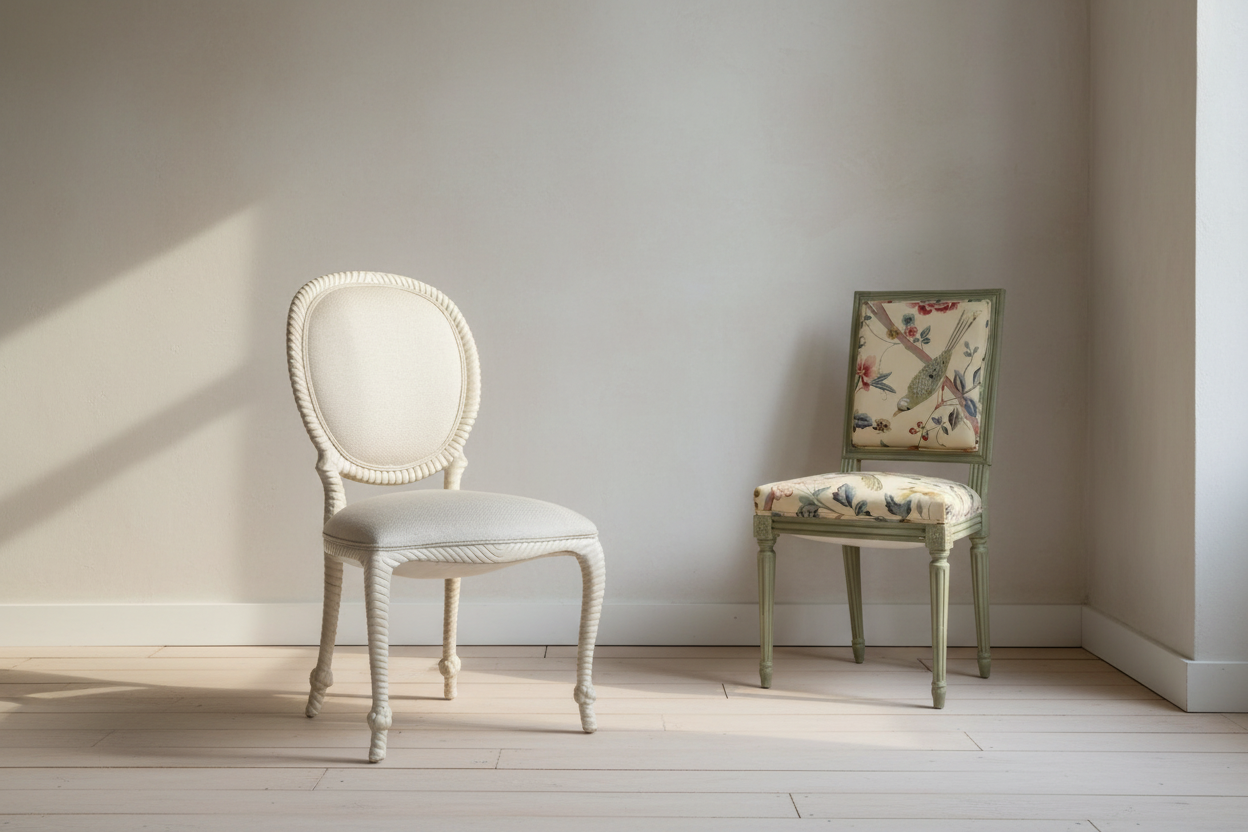 Napoleon III faux-rope chair with Kravet Couture fabric next to green Louis XVI chair in Titley & Marr Paradiso cotton chintz.
