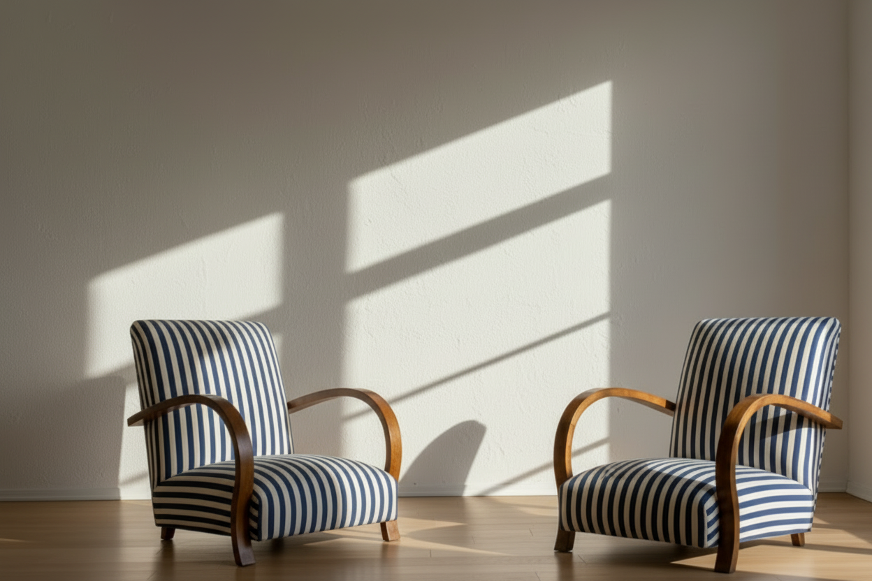 Pair of vintage French Art Deco armchairs with striped upholstery and curved wood arms in a sunlit interior