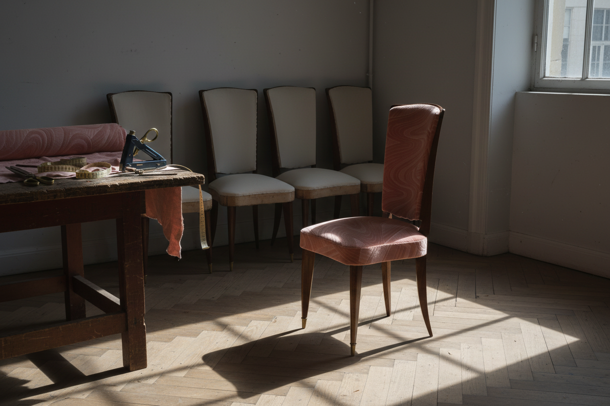 French Art Deco dining chair newly upholstered in velvet with restored chairs in workshop setting