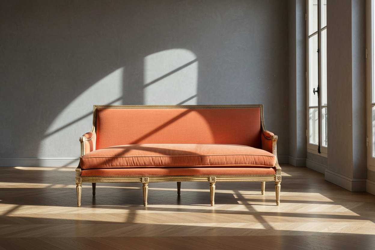 Antique French Louis XVI canapé sofa with coral mohair in a sunlit interior
