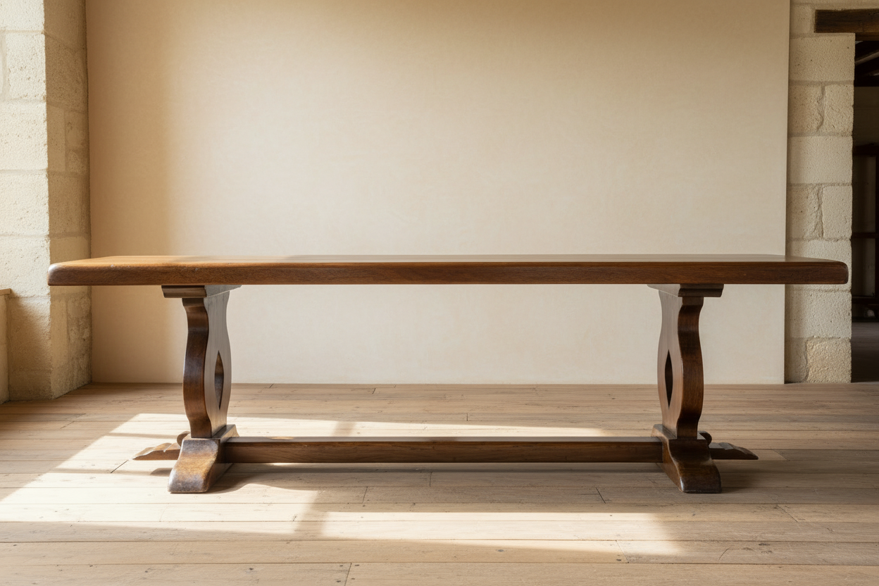 French antique trestle dining table in solid wood against warm plaster wall