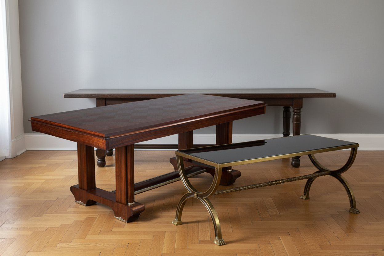 Layered display of farmhouse dining table, Art Deco dining table, and Empire brass coffee table with marble top in a bright interior with herringbone parquet floors.