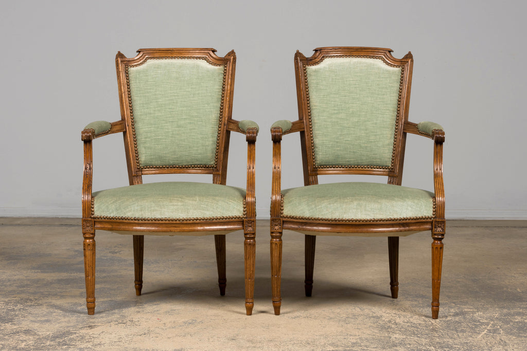 18th Century French Louis XVI Walnut Armchairs with Celadon Velvet - Pair