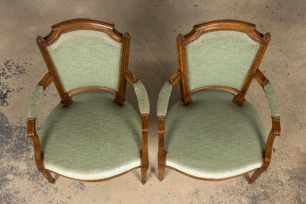 18th Century French Louis XVI Walnut Armchairs with Celadon Velvet - Pair