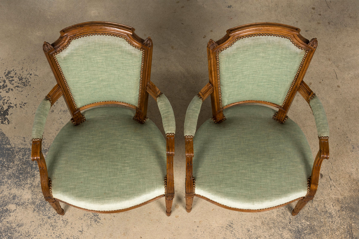 18th Century French Louis XVI Walnut Armchairs with Celadon Velvet - Pair