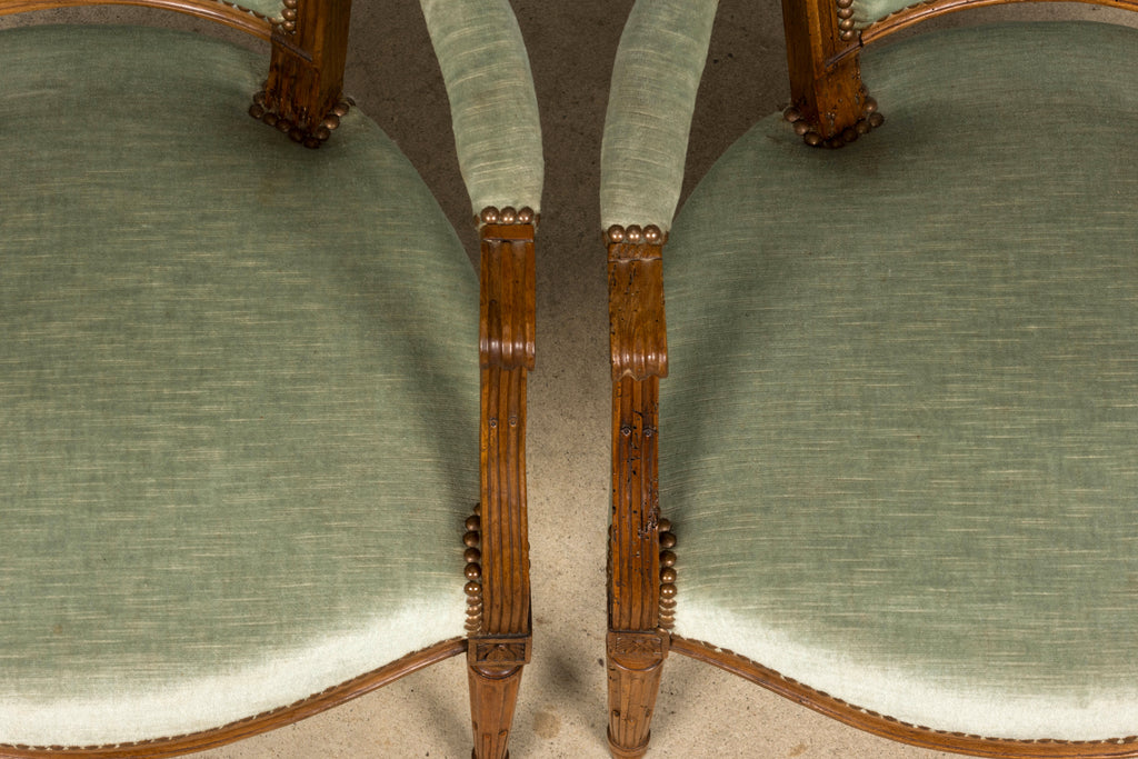 18th Century French Louis XVI Walnut Armchairs with Celadon Velvet - Pair