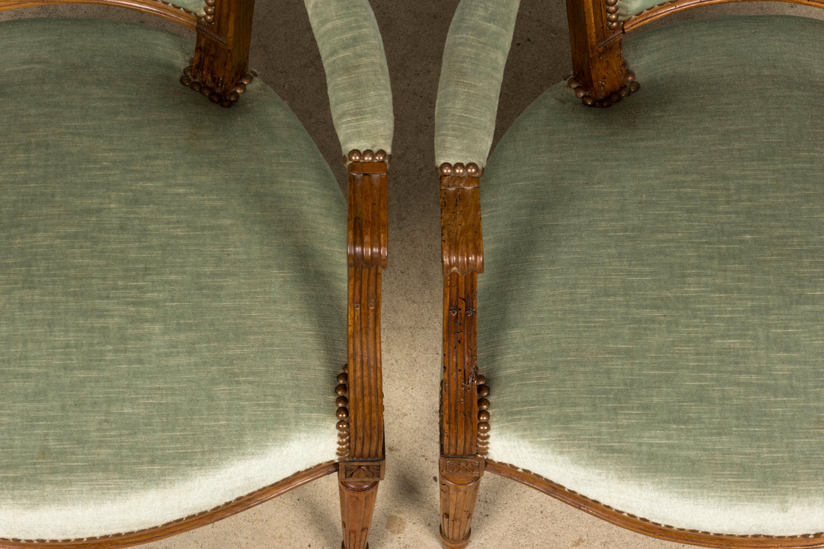 18th Century French Louis XVI Walnut Armchairs with Celadon Velvet - Pair