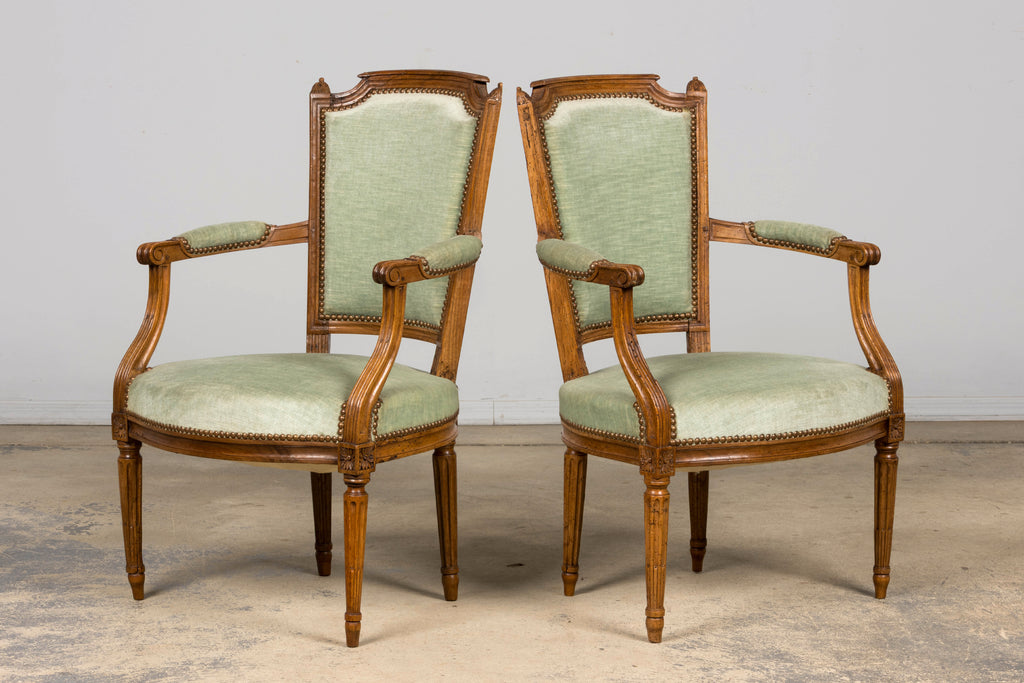 18th Century French Louis XVI Walnut Armchairs with Celadon Velvet - Pair