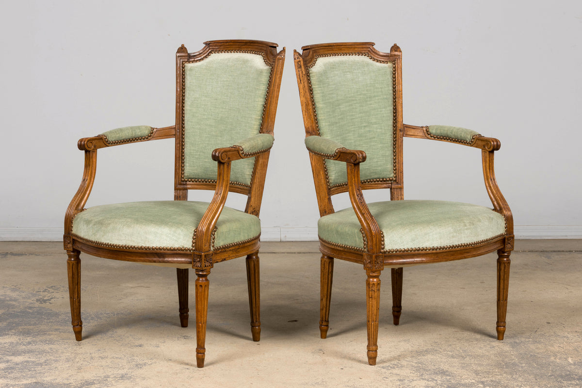 18th Century French Louis XVI Walnut Armchairs with Celadon Velvet - Pair