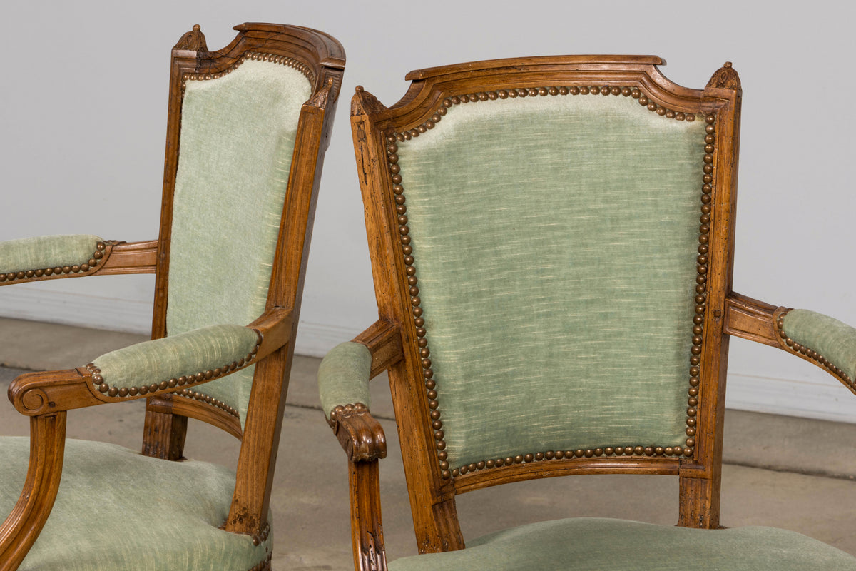 18th Century French Louis XVI Walnut Armchairs with Celadon Velvet - Pair