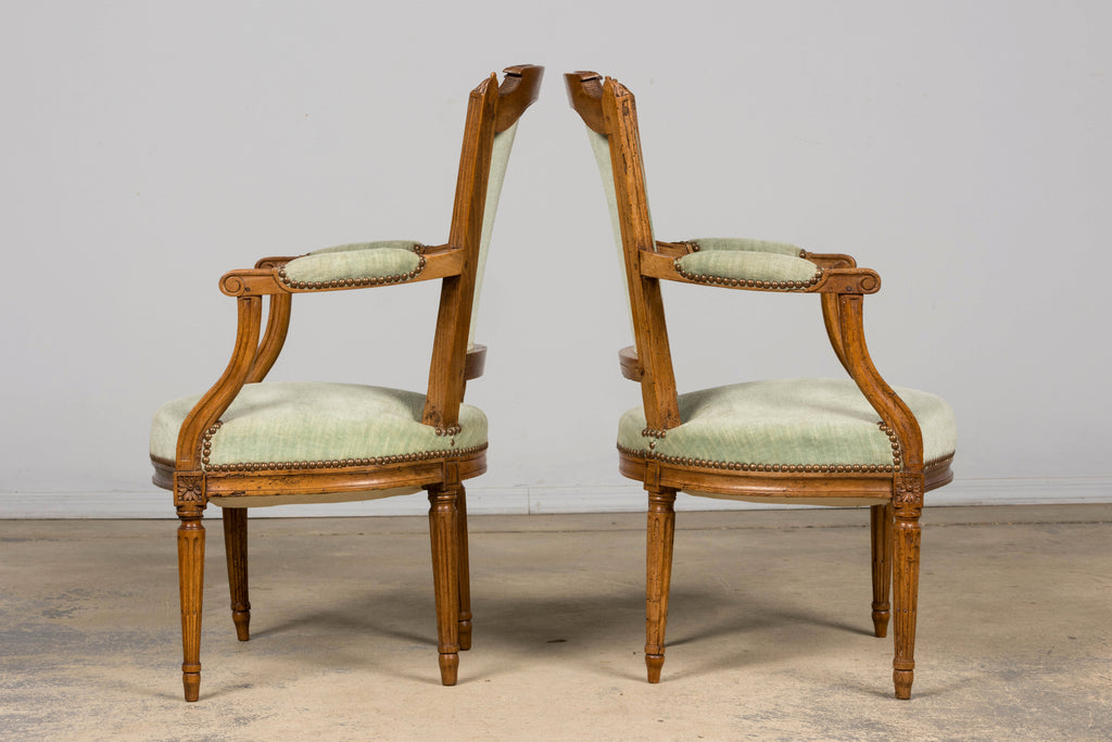 18th Century French Louis XVI Walnut Armchairs with Celadon Velvet - Pair