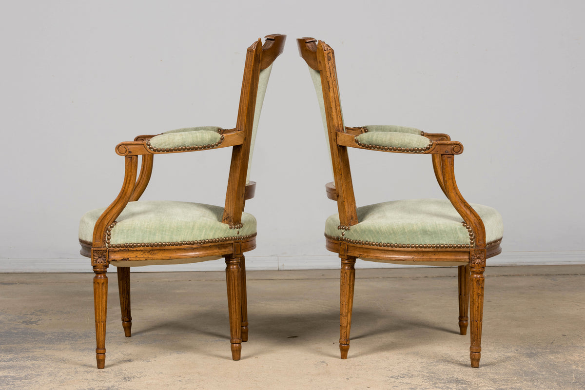 18th Century French Louis XVI Walnut Armchairs with Celadon Velvet - Pair