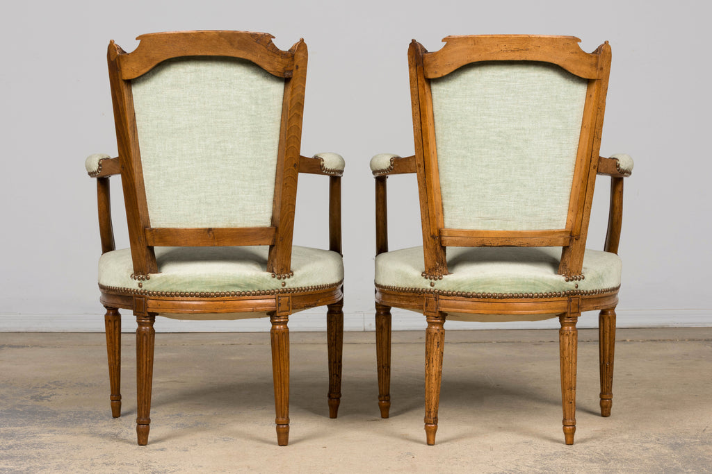 18th Century French Louis XVI Walnut Armchairs with Celadon Velvet - Pair