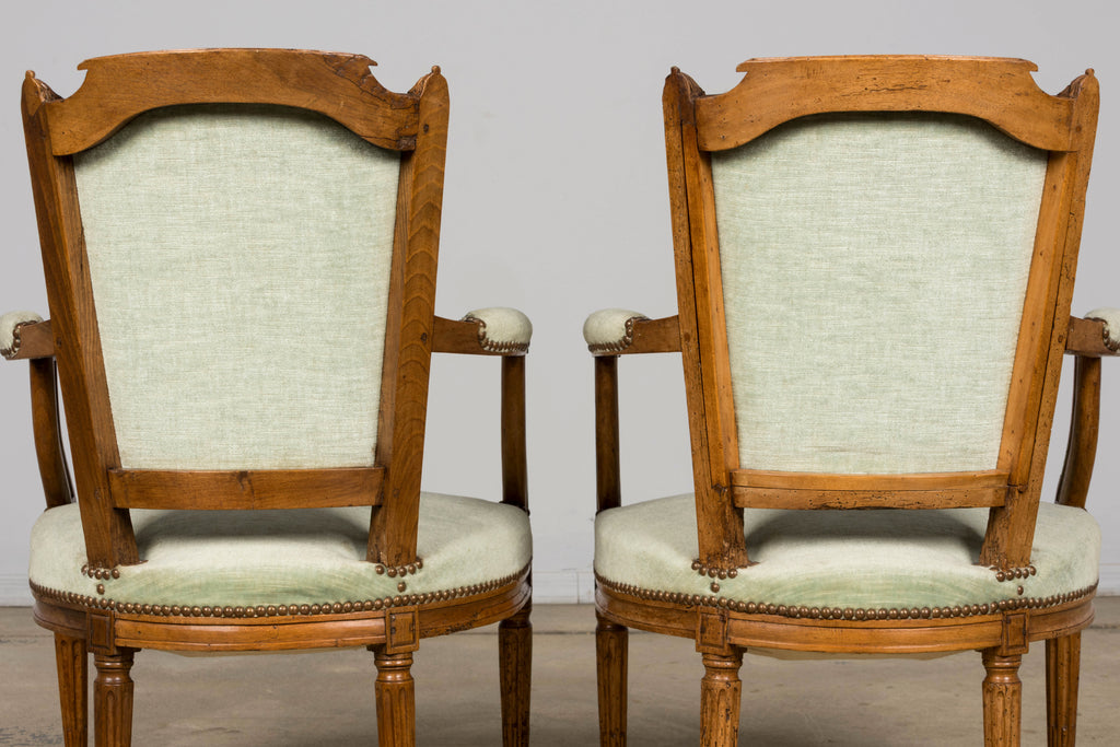 18th Century French Louis XVI Walnut Armchairs with Celadon Velvet - Pair