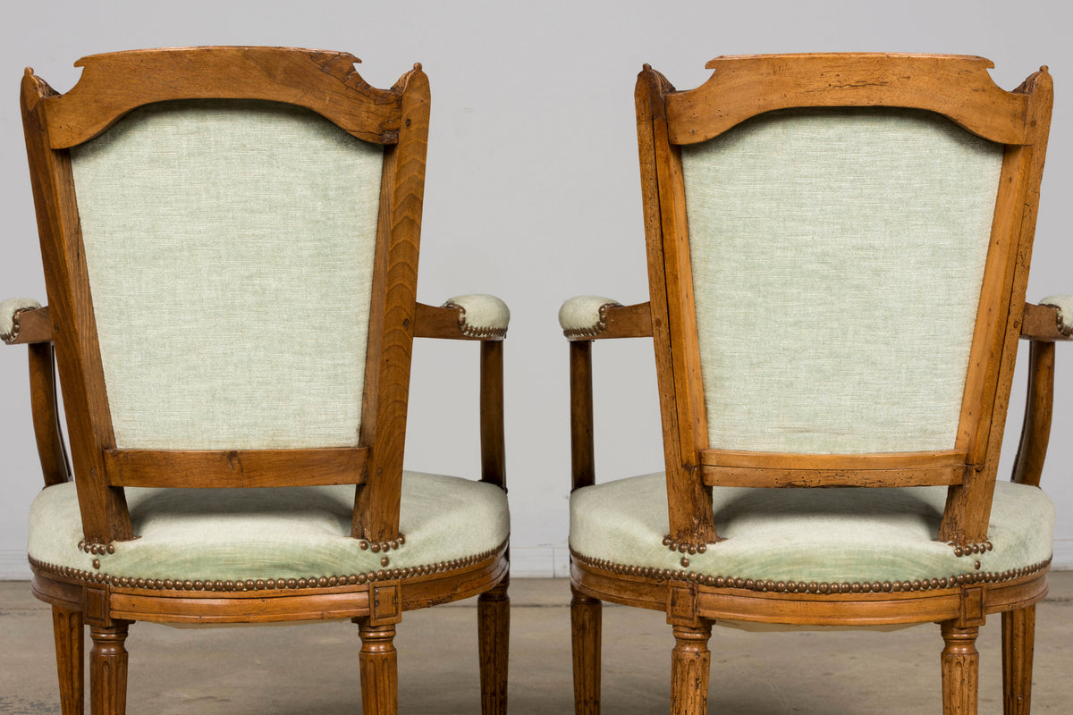 18th Century French Louis XVI Walnut Armchairs with Celadon Velvet - Pair