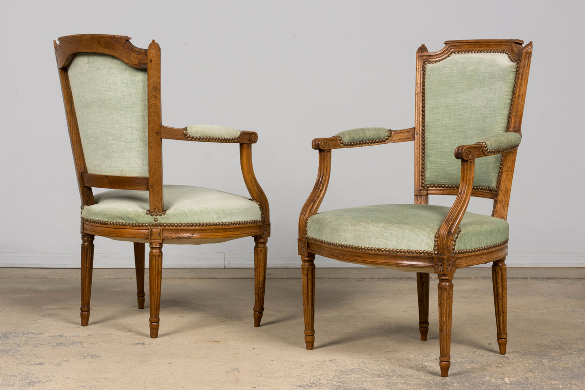 18th Century French Louis XVI Walnut Armchairs with Celadon Velvet - Pair