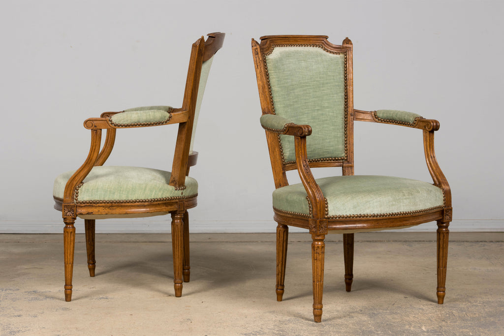 18th Century French Louis XVI Walnut Armchairs with Celadon Velvet - Pair
