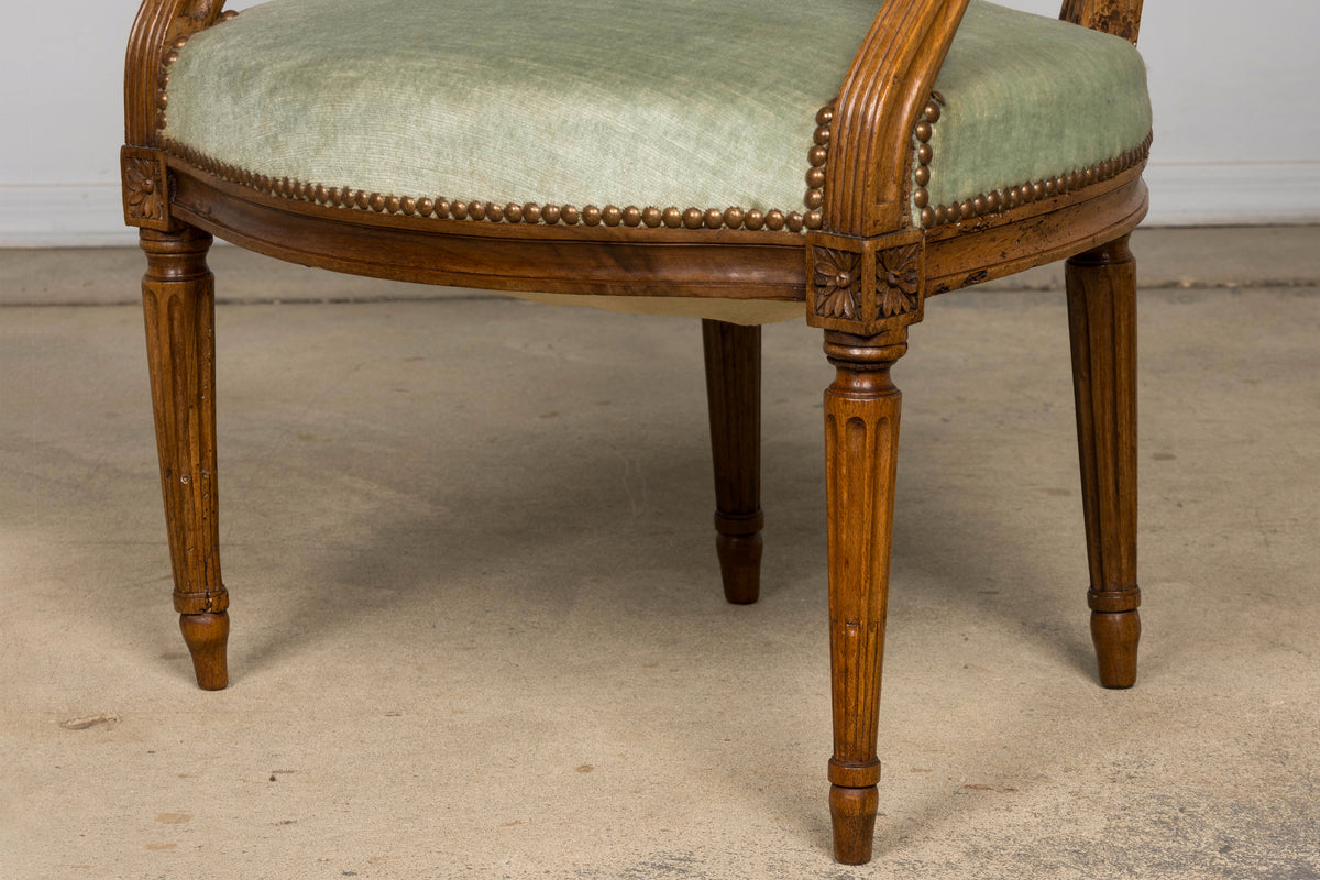 18th Century French Louis XVI Walnut Armchairs with Celadon Velvet - Pair