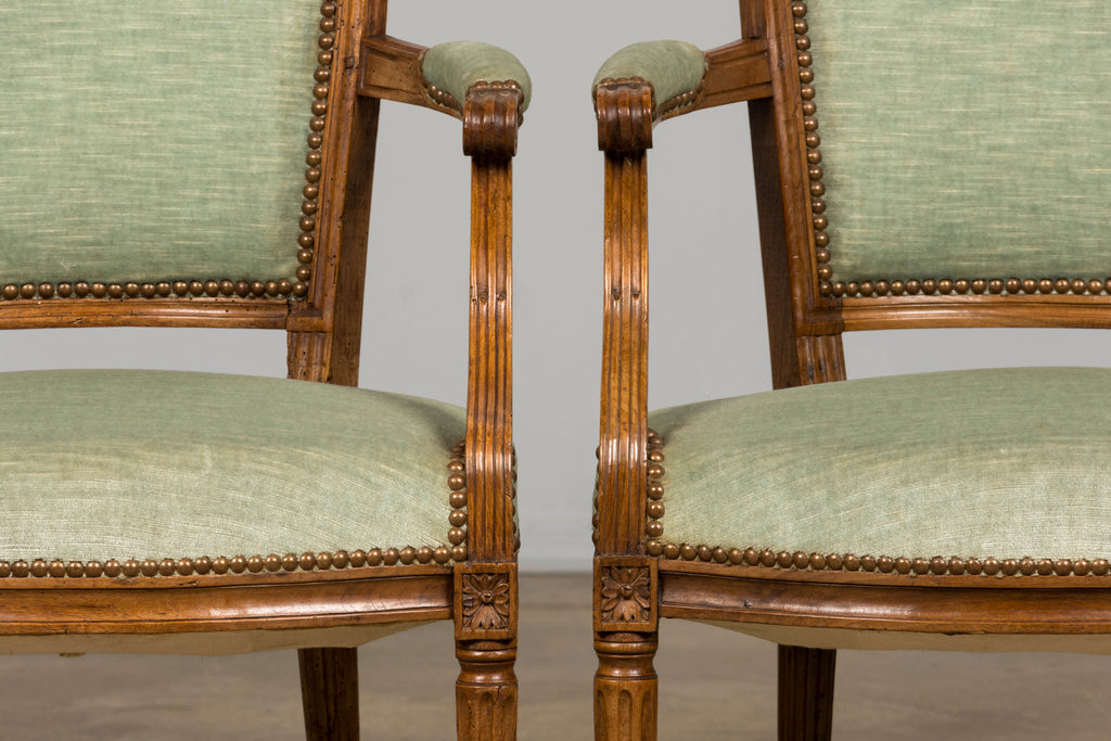 18th Century French Louis XVI Walnut Armchairs with Celadon Velvet - Pair