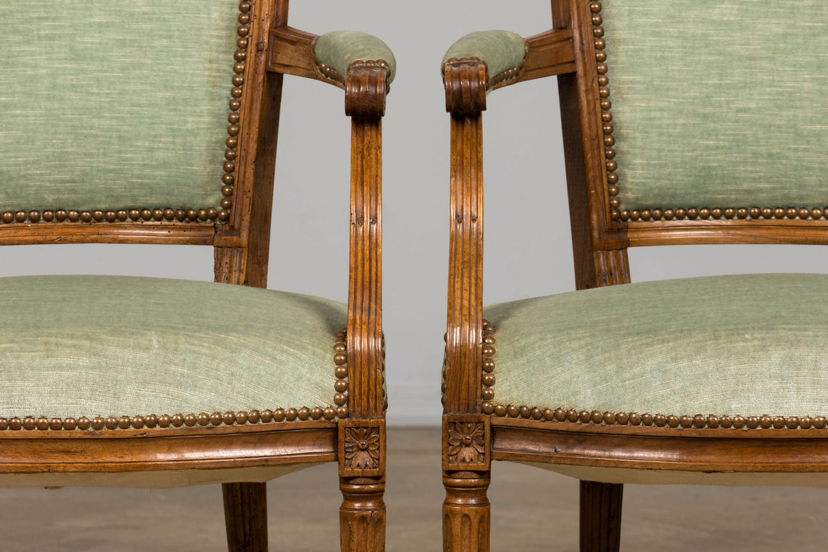 18th Century French Louis XVI Walnut Armchairs with Celadon Velvet - Pair