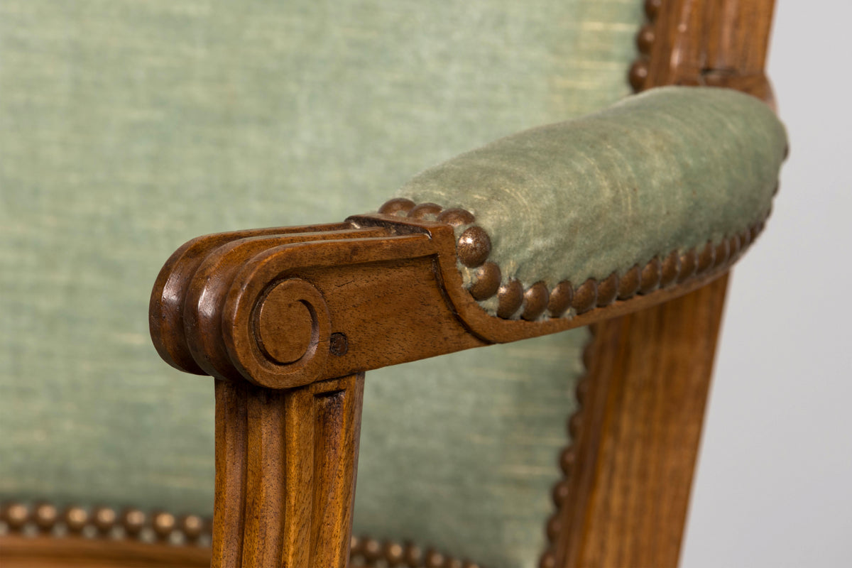 18th Century French Louis XVI Walnut Armchairs with Celadon Velvet - Pair