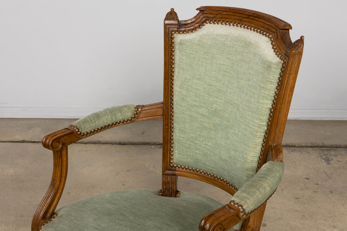18th Century French Louis XVI Walnut Armchairs with Celadon Velvet - Pair