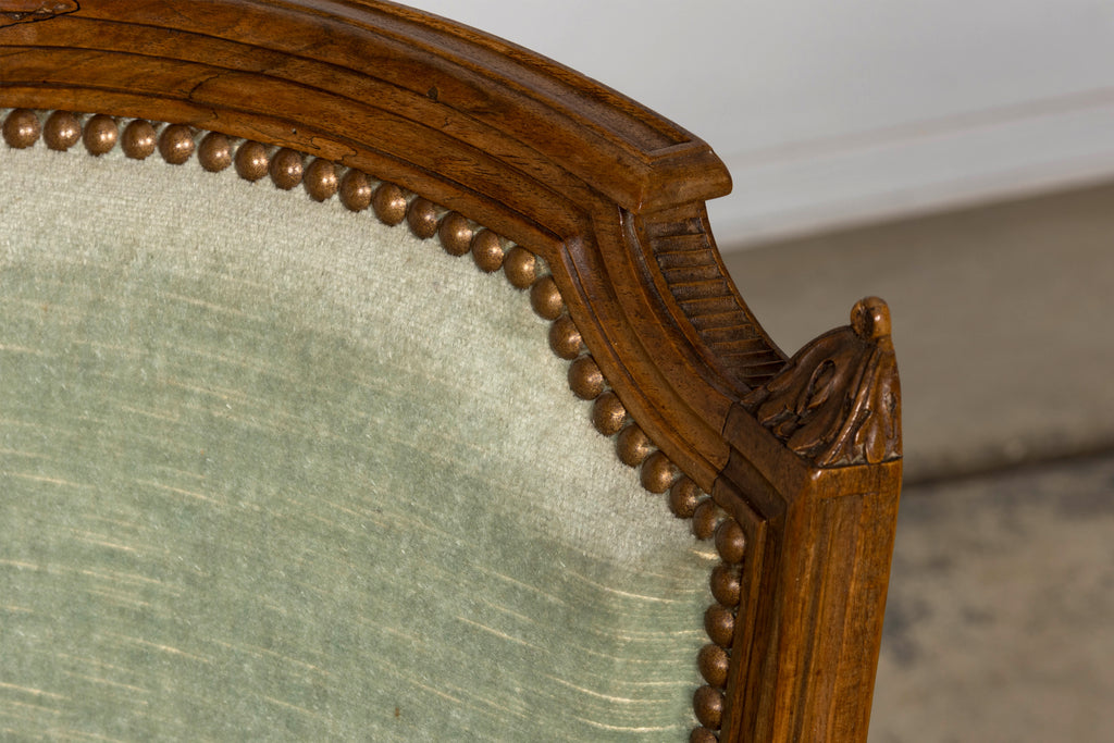 18th Century French Louis XVI Walnut Armchairs with Celadon Velvet - Pair