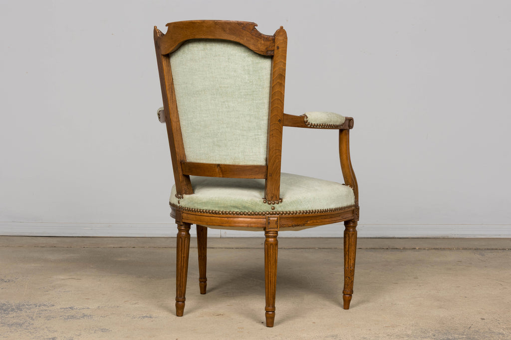18th Century French Louis XVI Walnut Armchairs with Celadon Velvet - Pair