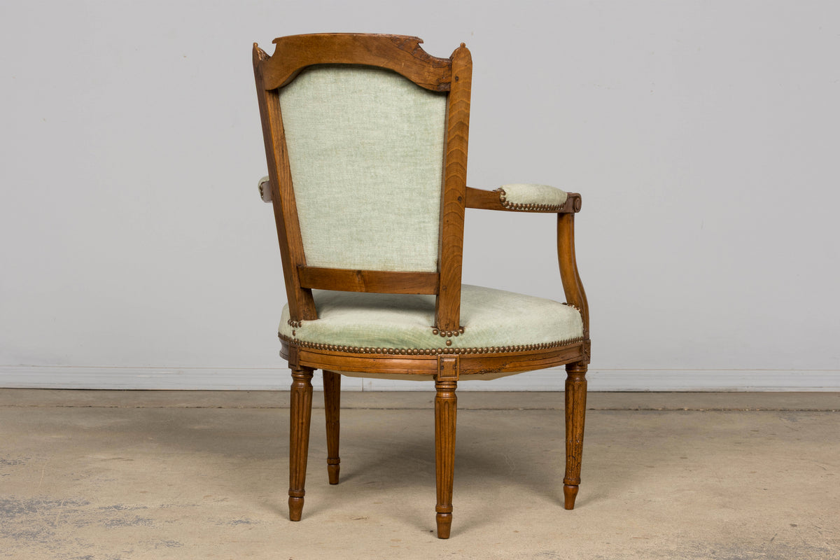 18th Century French Louis XVI Walnut Armchairs with Celadon Velvet - Pair