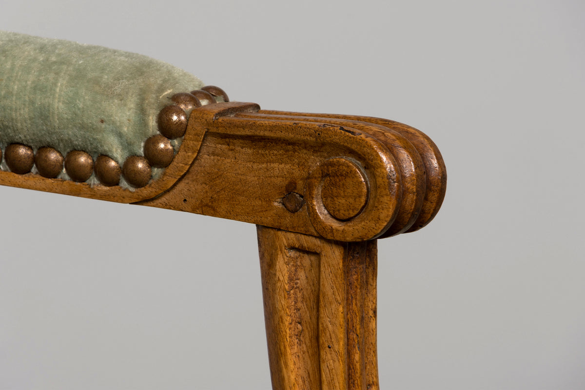 18th Century French Louis XVI Walnut Armchairs with Celadon Velvet - Pair