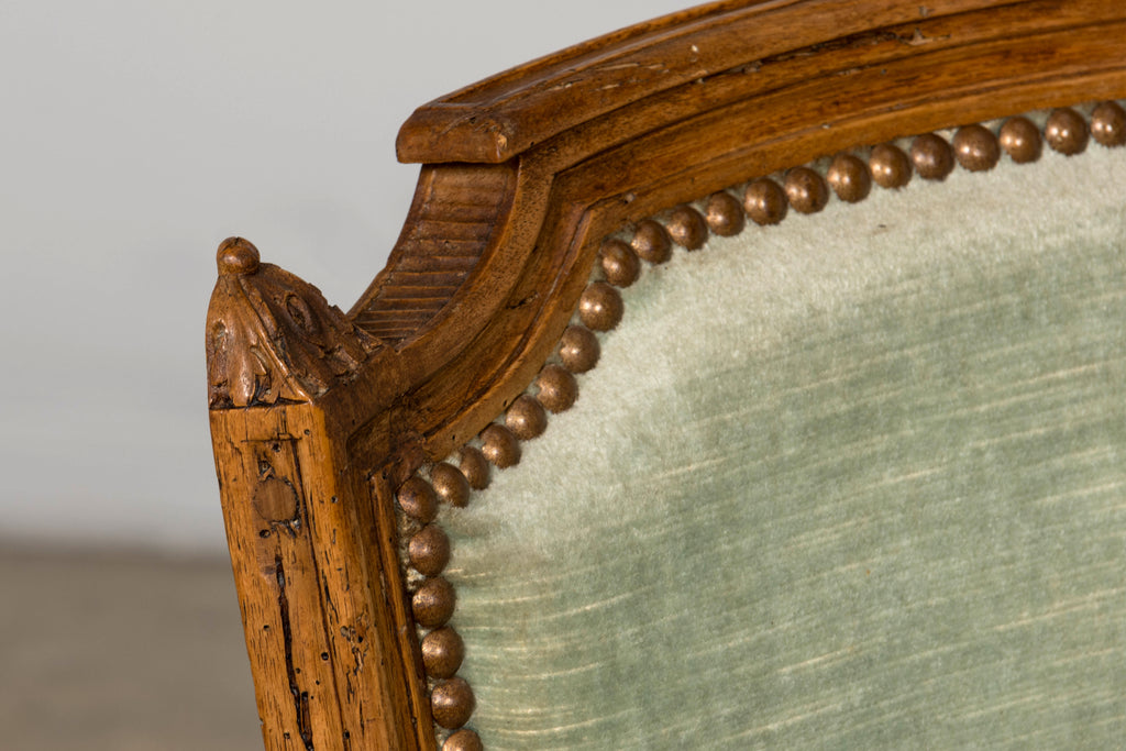 18th Century French Louis XVI Walnut Armchairs with Celadon Velvet - Pair