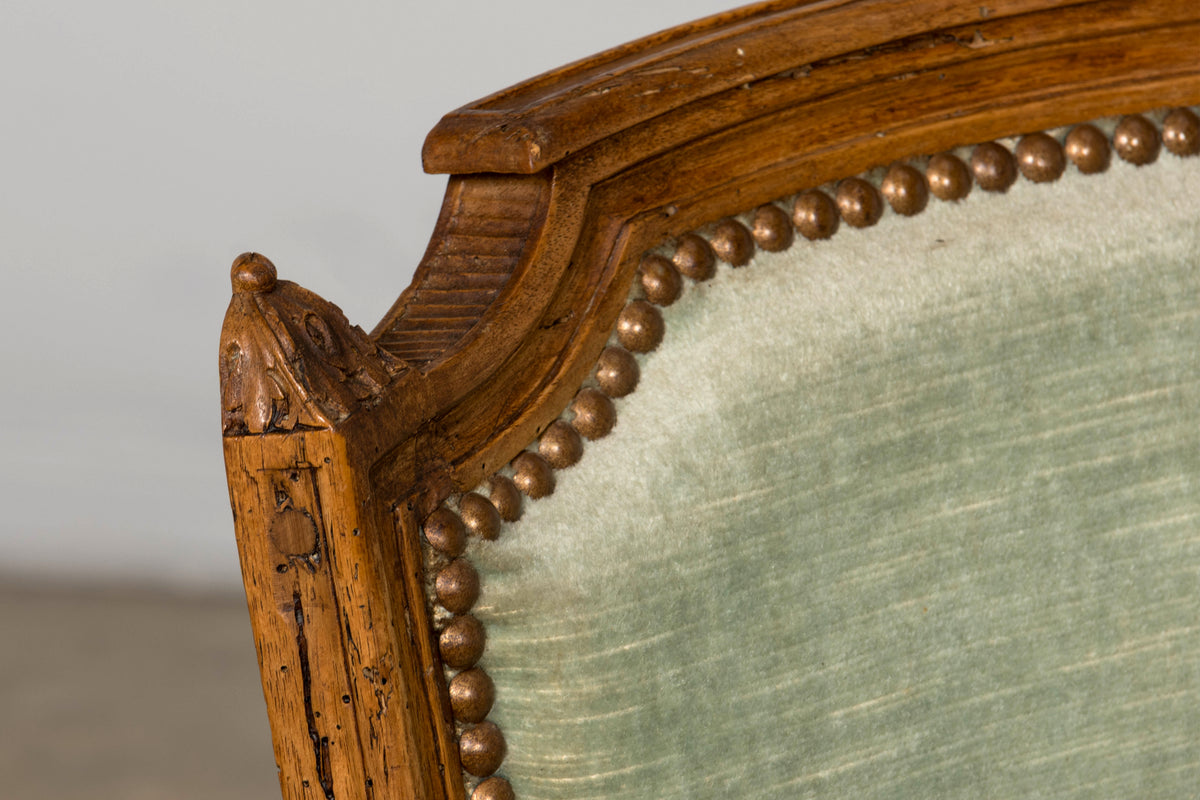 18th Century French Louis XVI Walnut Armchairs with Celadon Velvet - Pair