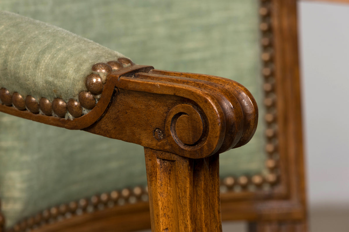 18th Century French Louis XVI Walnut Armchairs with Celadon Velvet - Pair