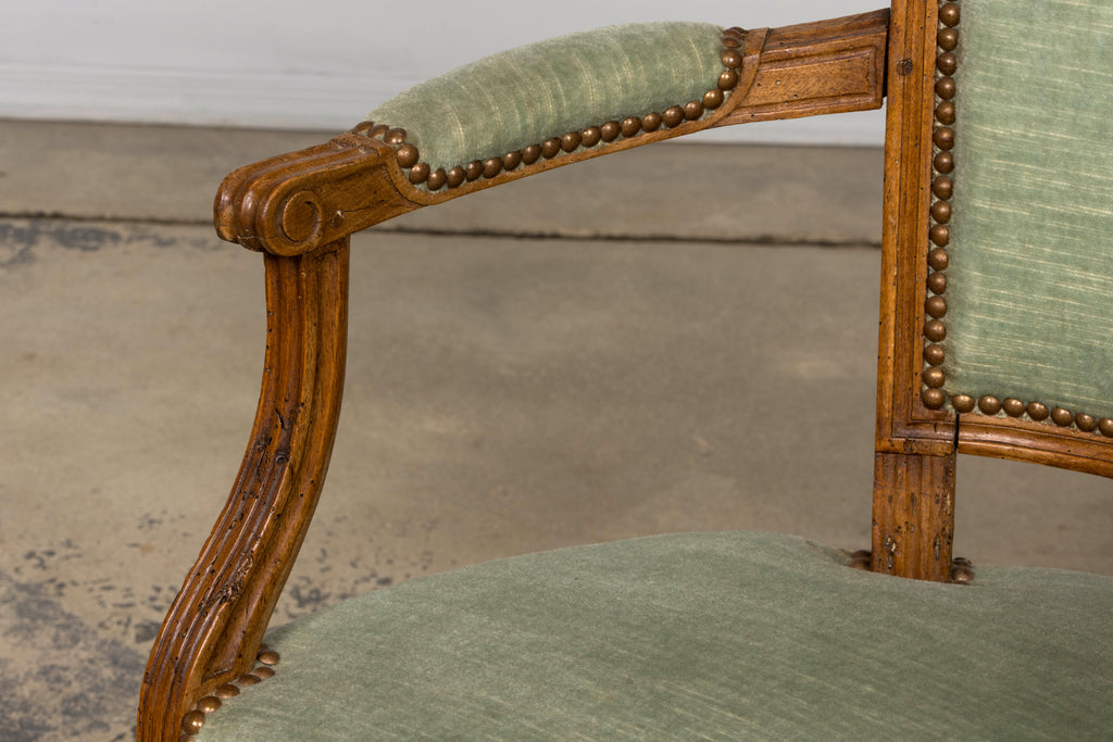 18th Century French Louis XVI Walnut Armchairs with Celadon Velvet - Pair