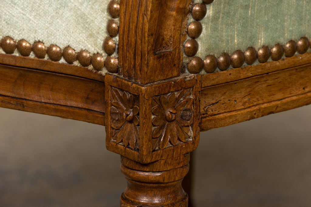 18th Century French Louis XVI Walnut Armchairs with Celadon Velvet - Pair