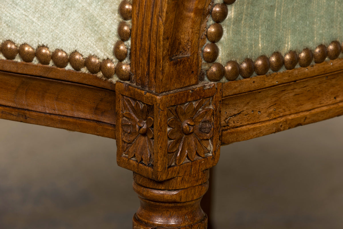 18th Century French Louis XVI Walnut Armchairs with Celadon Velvet - Pair