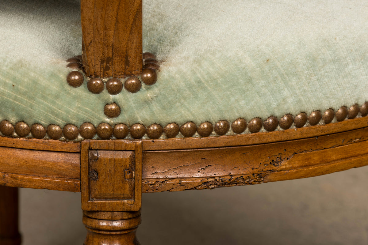 18th Century French Louis XVI Walnut Armchairs with Celadon Velvet - Pair