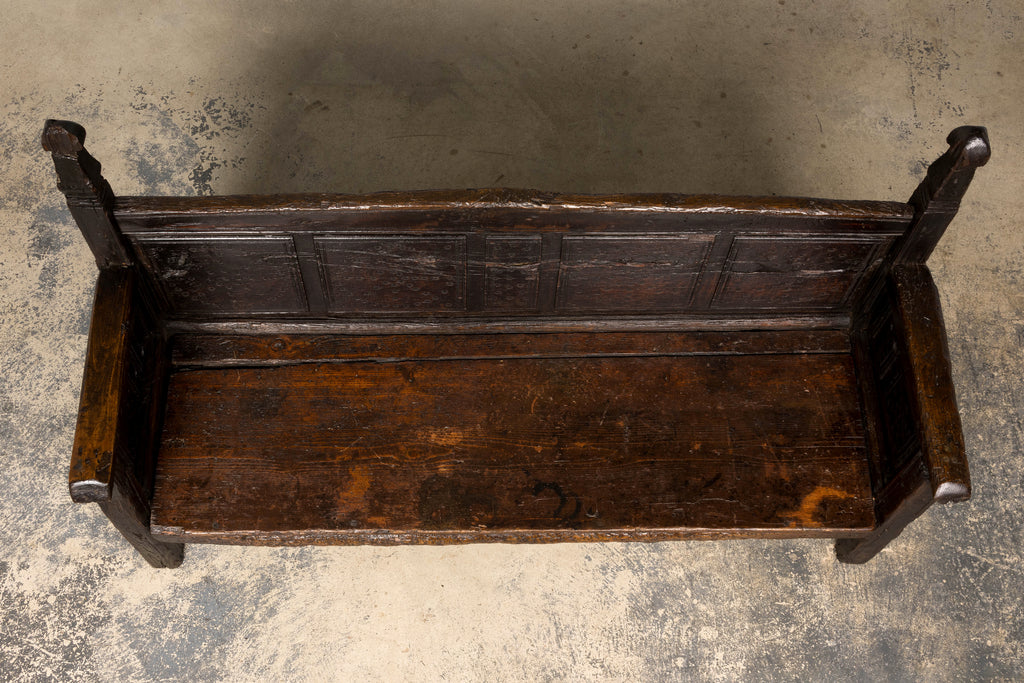 18th Century Spanish Rustic Oak Bench with Carved Panels and Dark Patina