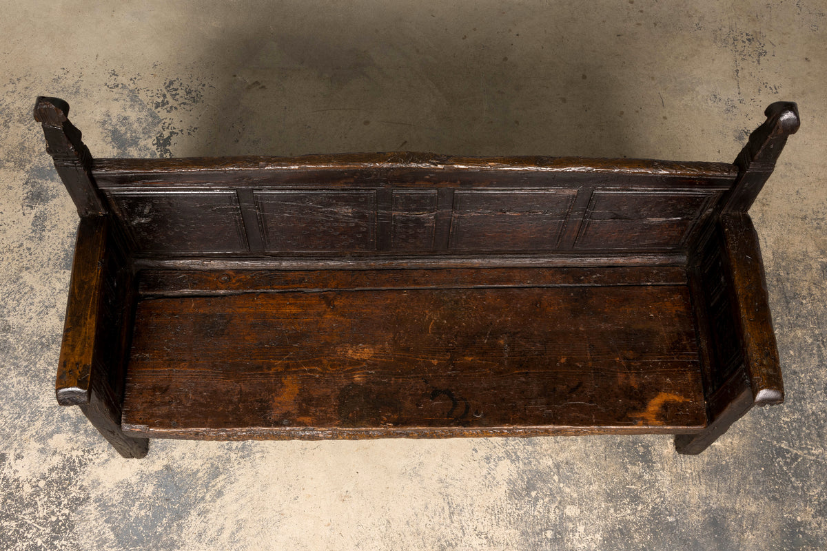 18th Century Spanish Rustic Oak Bench with Carved Panels and Dark Patina