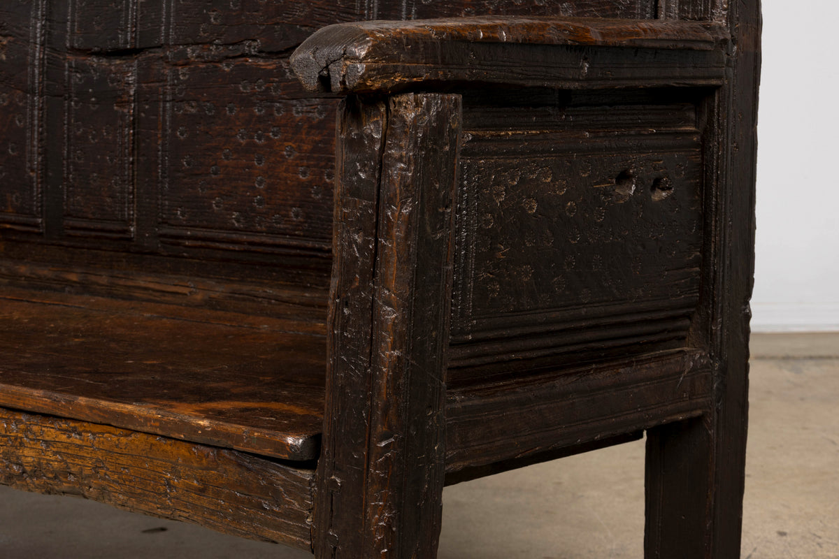 18th Century Spanish Rustic Oak Bench with Carved Panels and Dark Patina