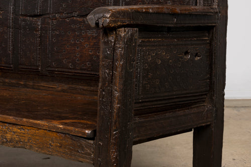 18th Century Spanish Rustic Oak Bench with Carved Panels and Dark Patina