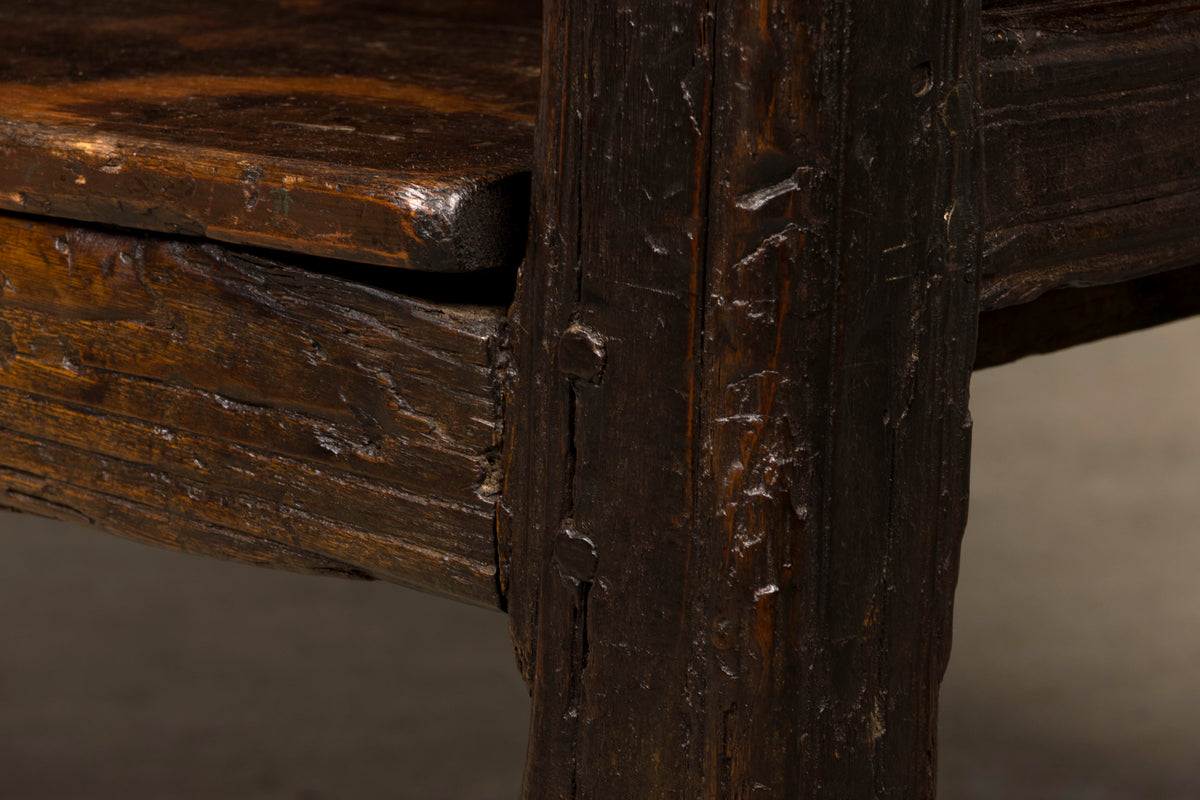 18th Century Spanish Rustic Oak Bench with Carved Panels and Dark Patina